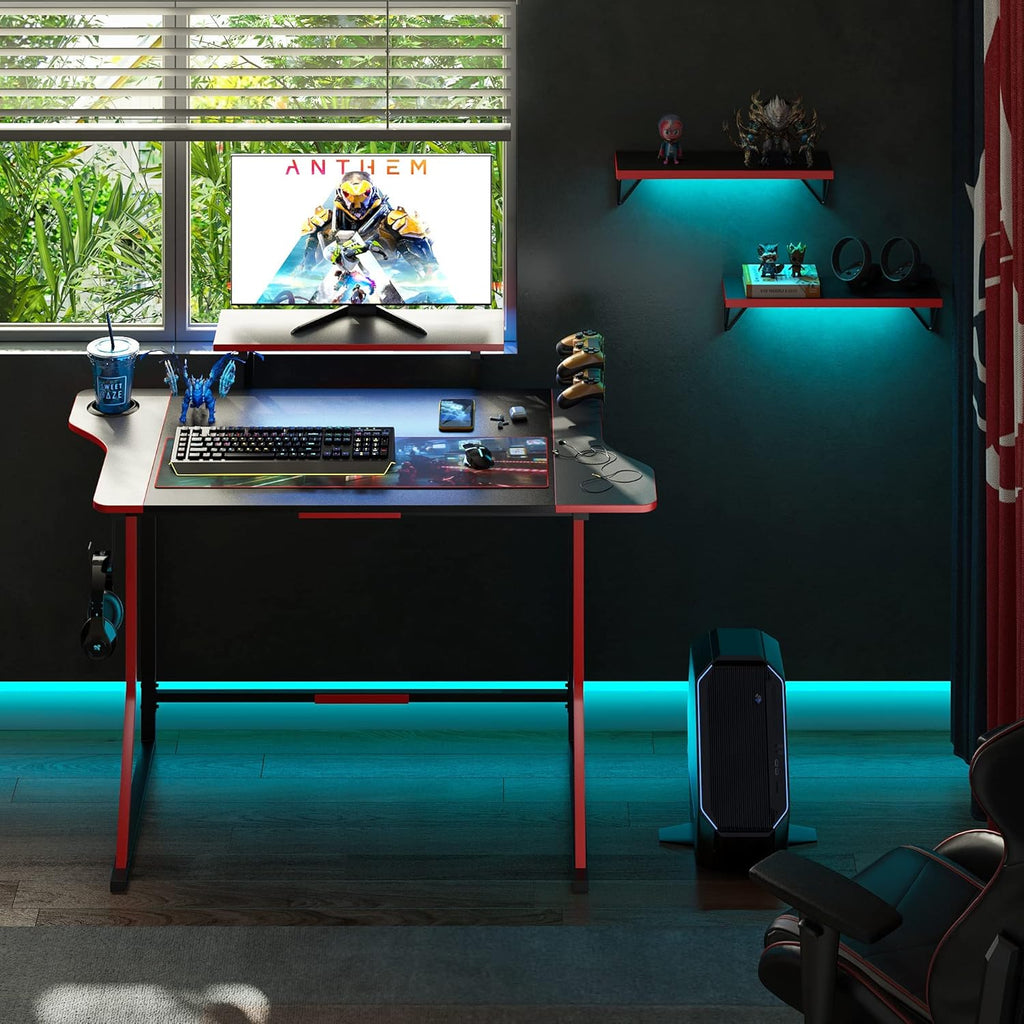 Gaming Desk with LED Light, 47" Gamer Desk with Monitor Stand for Home Office, Small Computer Desk with Controller Stand, Red and Black