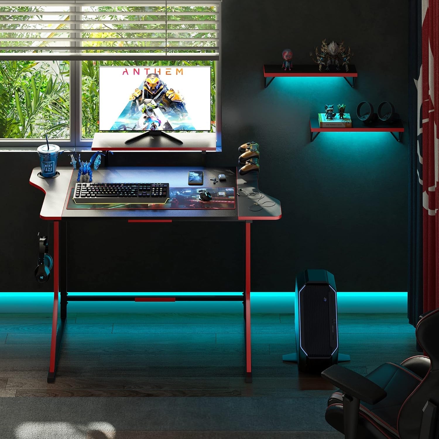 Gaming Desk with LED Light, 47" Gamer Desk with Monitor Stand for Home Office, Small Computer Desk with Controller Stand, Red and Black