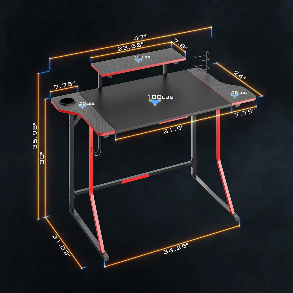 Gaming Desk with LED Light, 47" Gamer Desk with Monitor Stand for Home Office, Small Computer Desk with Controller Stand, Red and Black