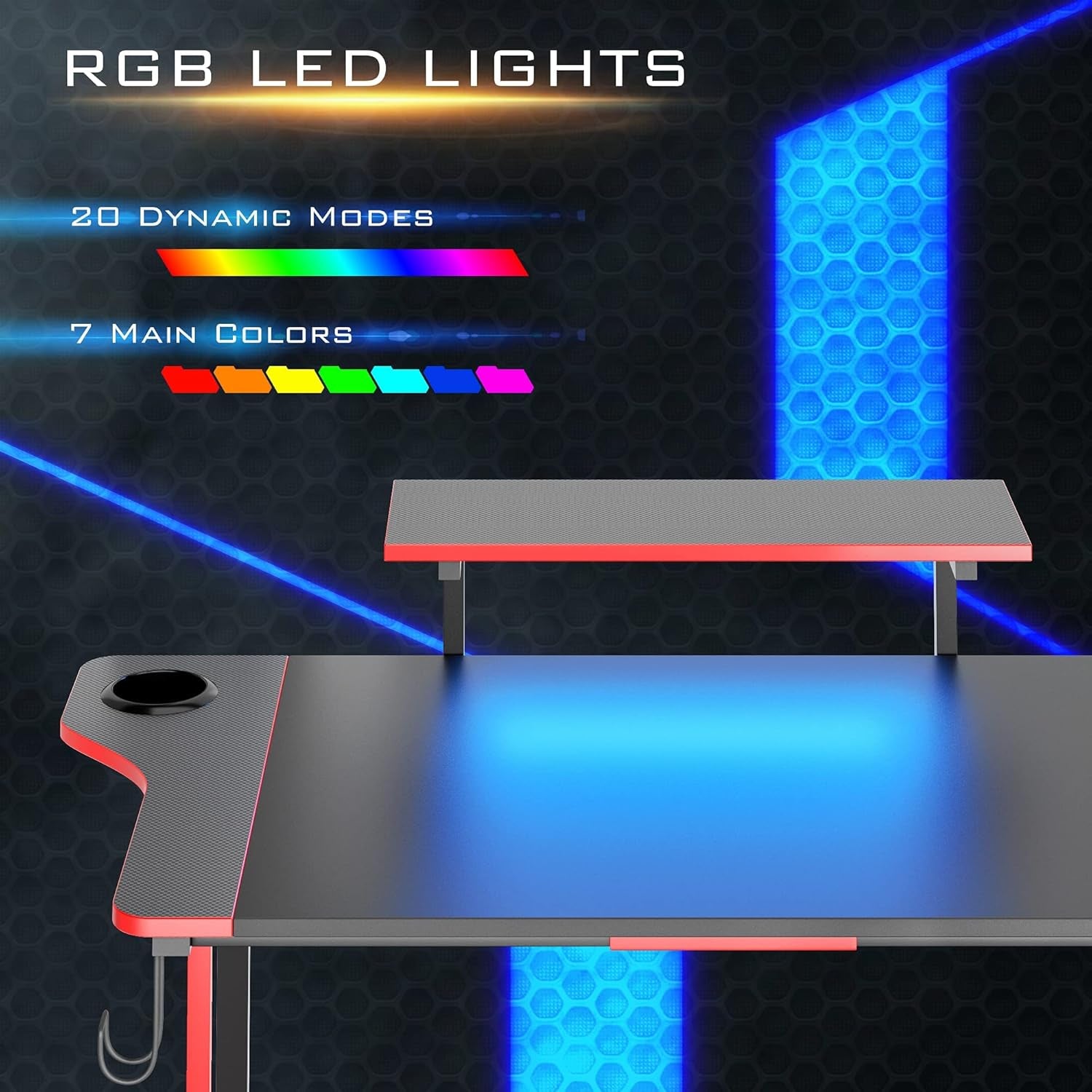 Gaming Desk with LED Light, 47" Gamer Desk with Monitor Stand for Home Office, Small Computer Desk with Controller Stand, Red and Black